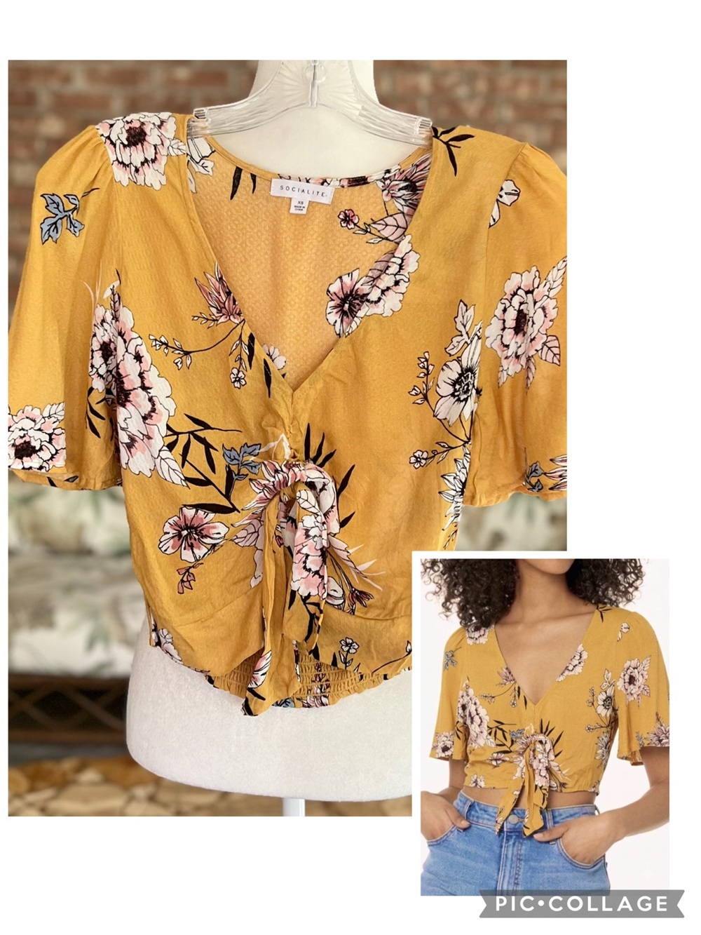Socialite Mustard Yellow Floral Flutter Sleeve Tie Front Crop Top XS